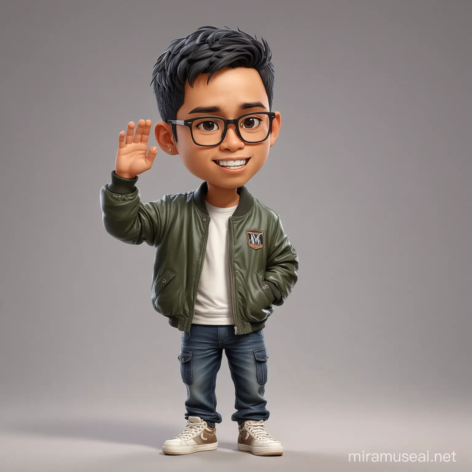Chibi caricature medium potrait, A 29 year old Indonesian man, short thin hair, big head, wearing glasses, wearing a varsity jacket, cargo pants, is placing his right hand on his forehead as if looking for or looking at something, realistic.