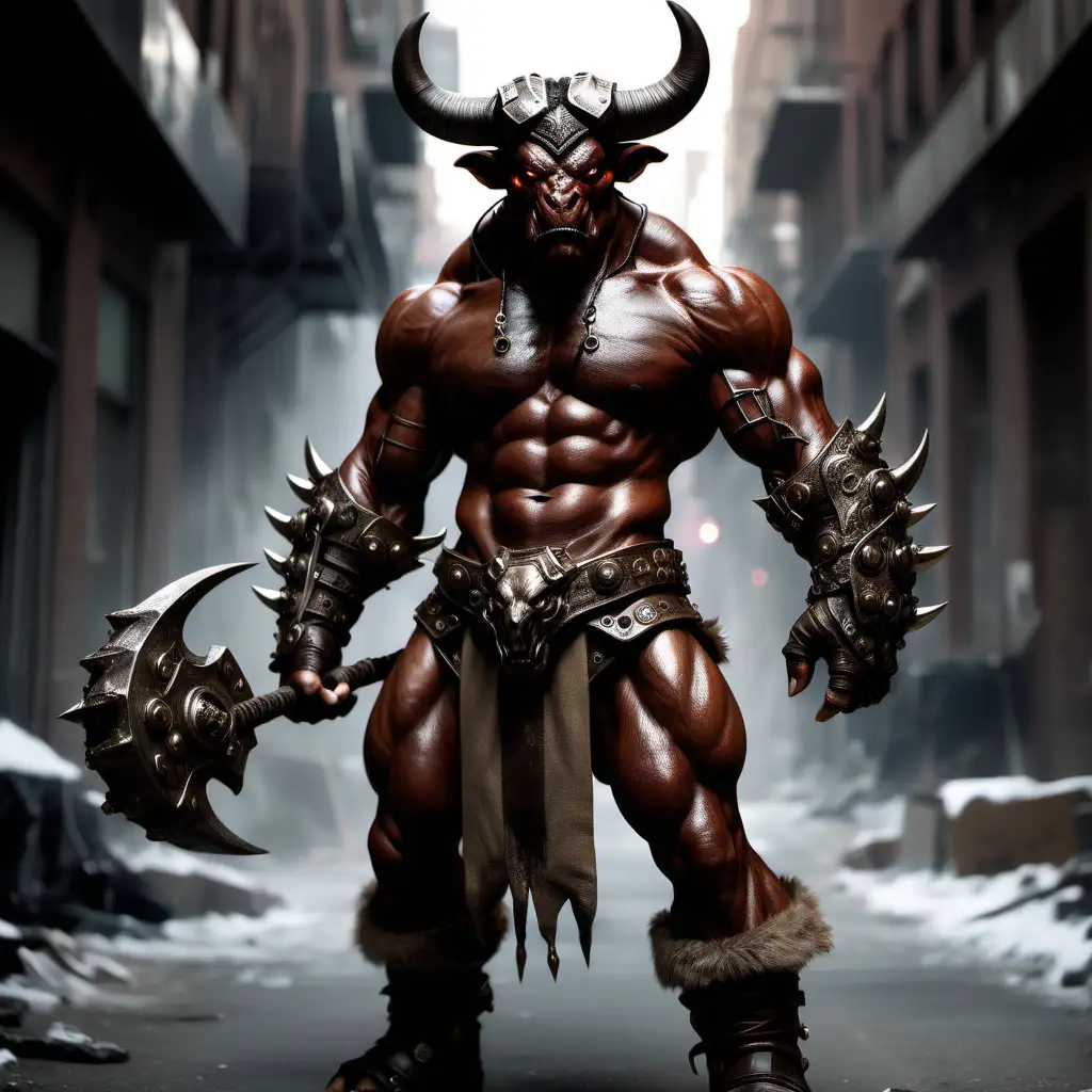 Minotaur Warrior in Urban Attire Brandishing Dual War Clubs