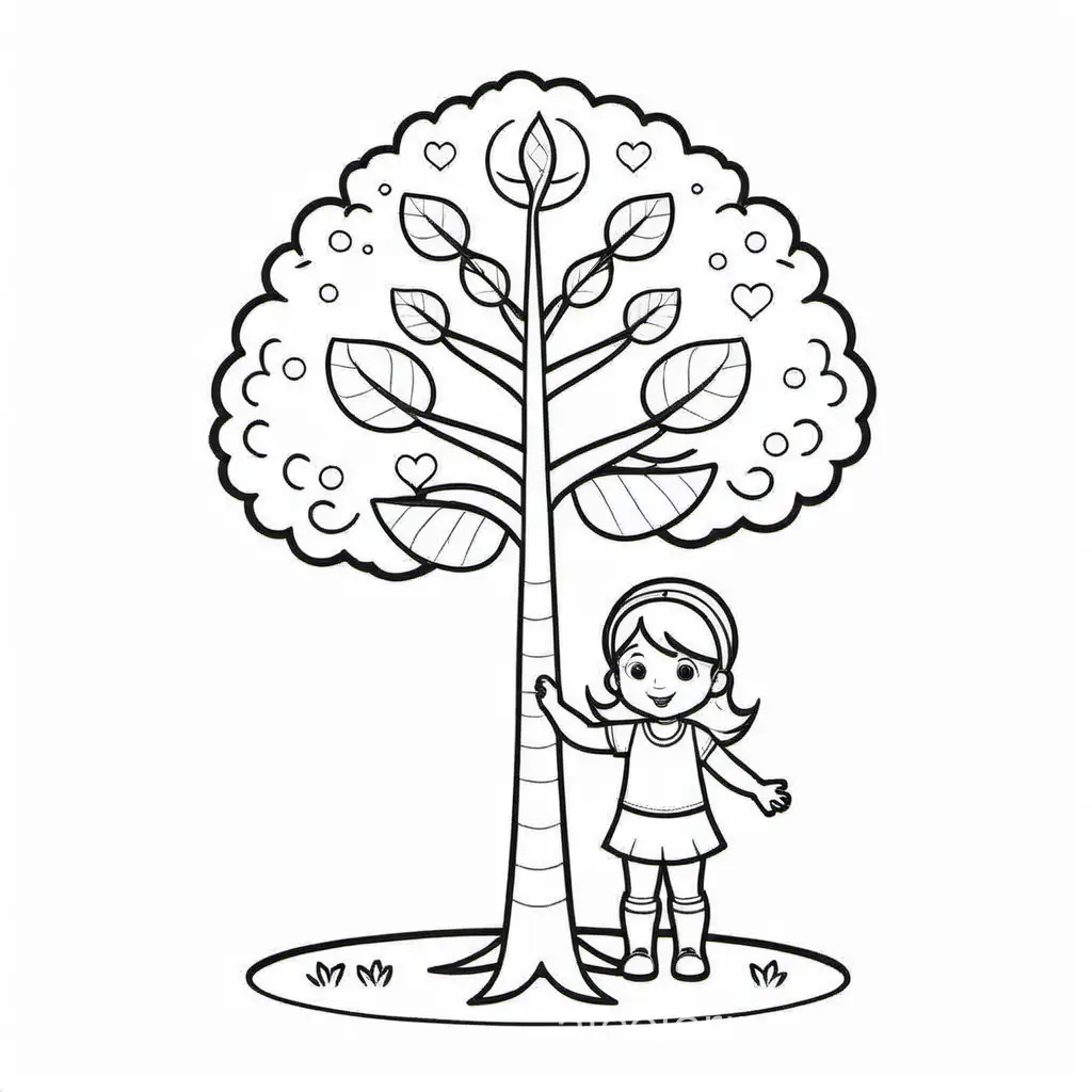 Child plant tree, Coloring Page, black and white, line art, white background, Simplicity, Ample White Space. The background of the coloring page is plain white to make it easy for young children to color within the lines. The outlines of all the subjects are easy to distinguish, making it simple for kids to color without too much difficulty