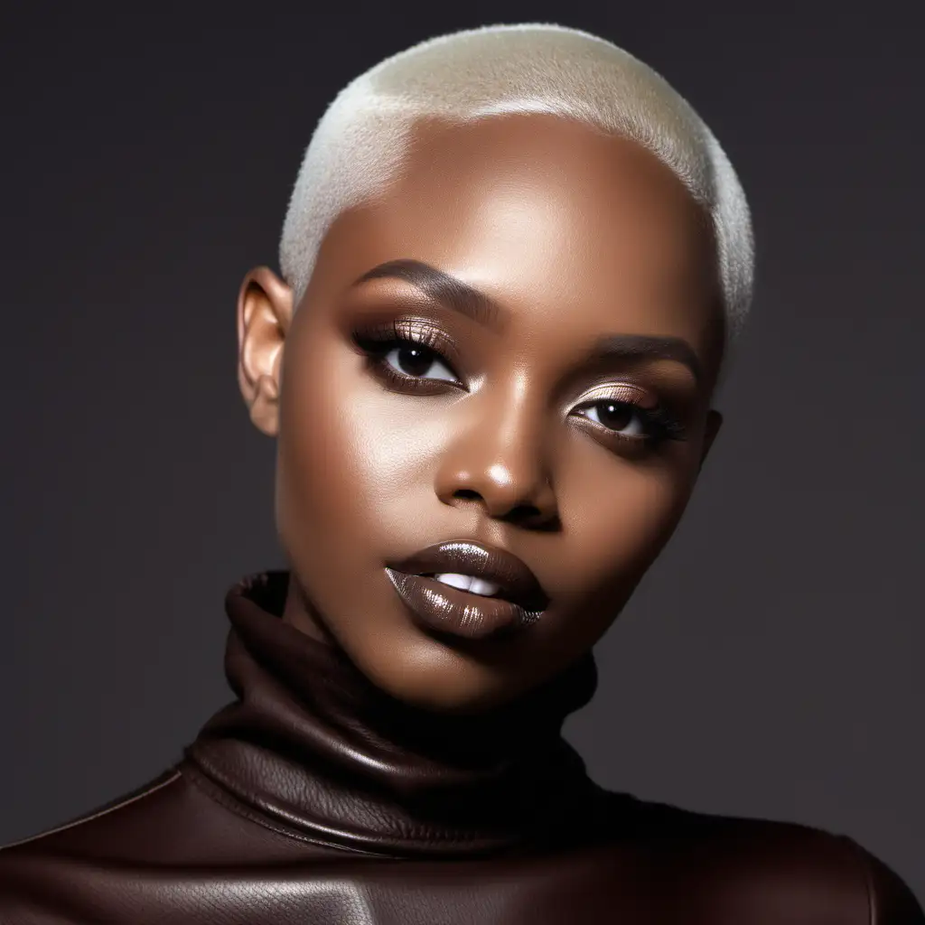 A beautiful dark brown skin black woman wearing platinum blonde bald hair. She is modeling a chocolate brown leather turtleneck. Modeling a soft pretty makeup look wearing a nude colored lip gloss