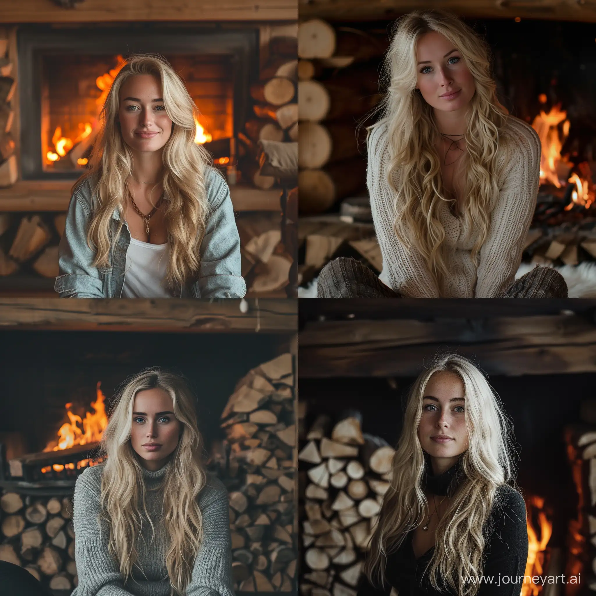 Elegant-Blonde-Woman-by-Fireplace-in-Rustic-Wood-Interior