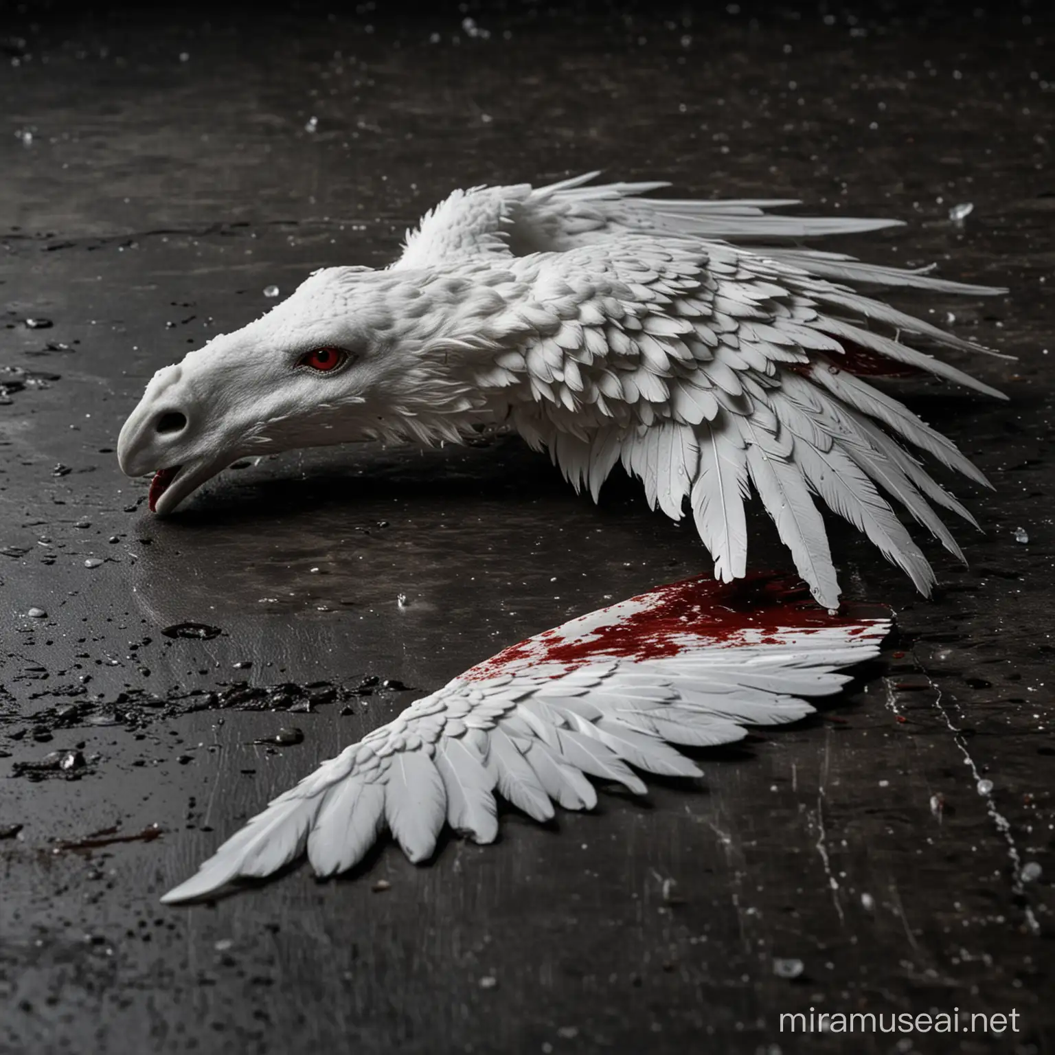 the white head and the Wing of pegasus lying in the floor in a dark and dramatic environment, in close up and a 
side view. Small drops of blood close to it's wing.