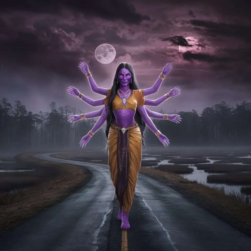 Mystical Encounter PurpleSkinned Indian Woman with Six Arms in Eerie Forest