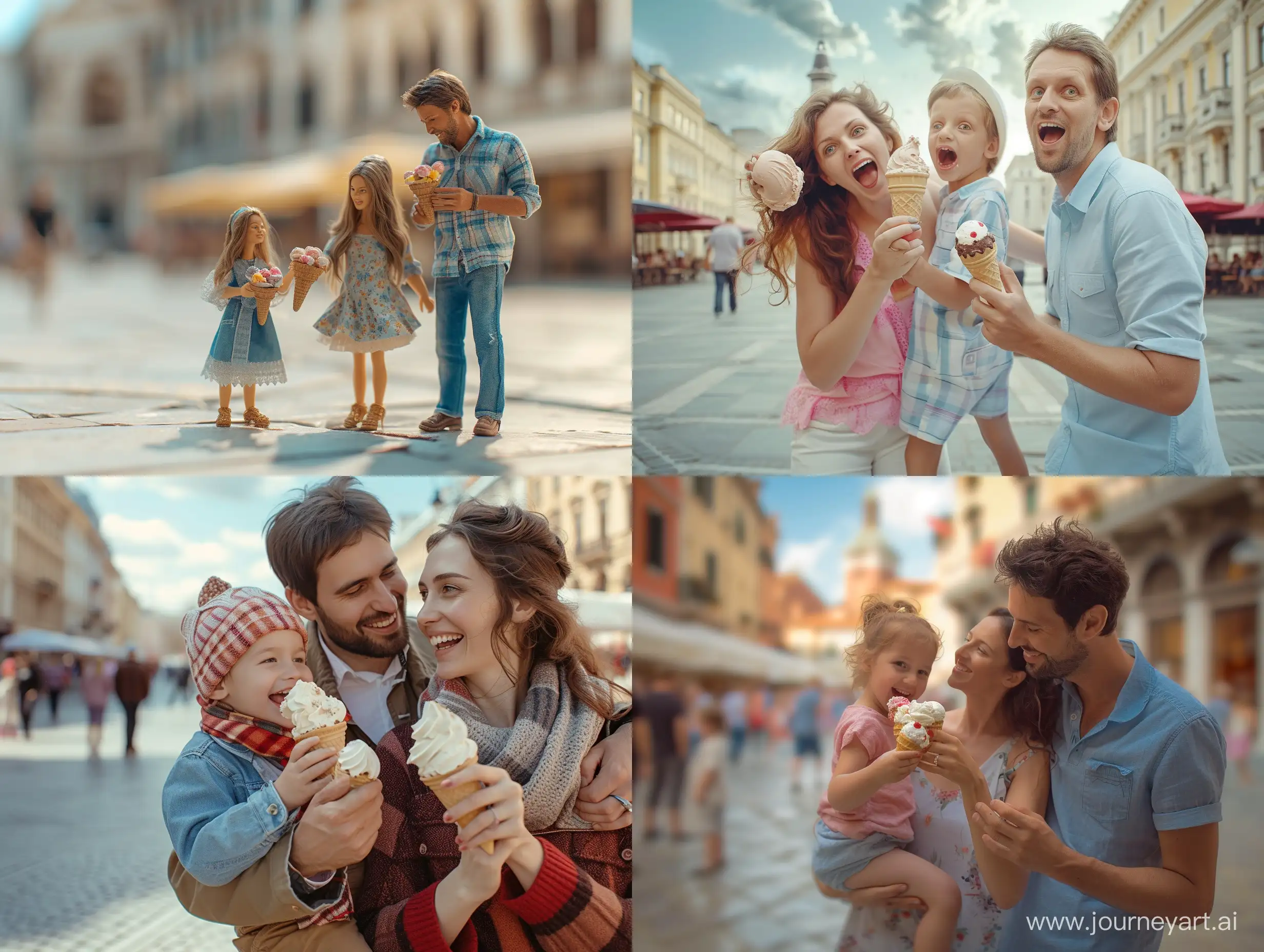 ultra-realistic photography, incredibly detailed and realistic, photo of a happy family, eating ice cream in the square, random poses