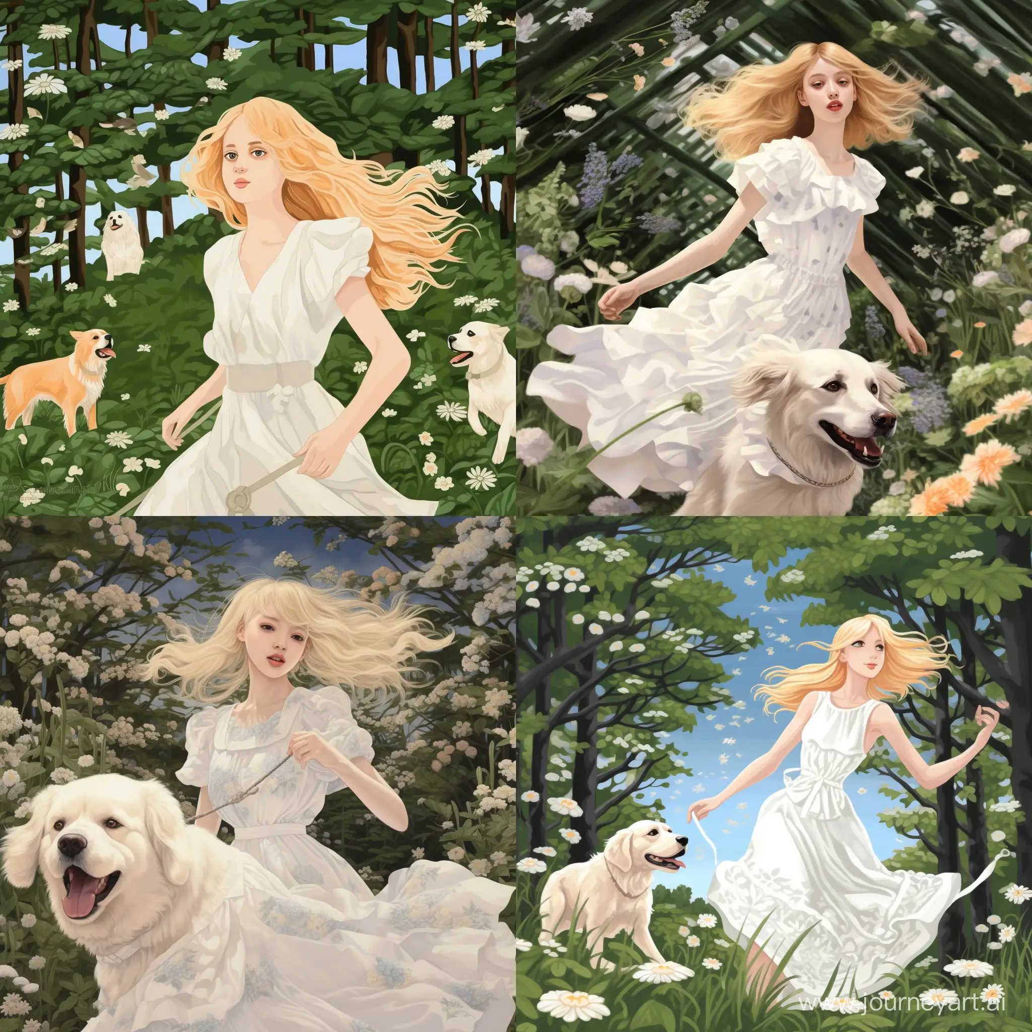 Девушка в светлом лесу, вокруг нее мелкие цветы белого цвета. На ней белое платье и блондинистые волосы, рядом с ней бежит собака белая пушистая 