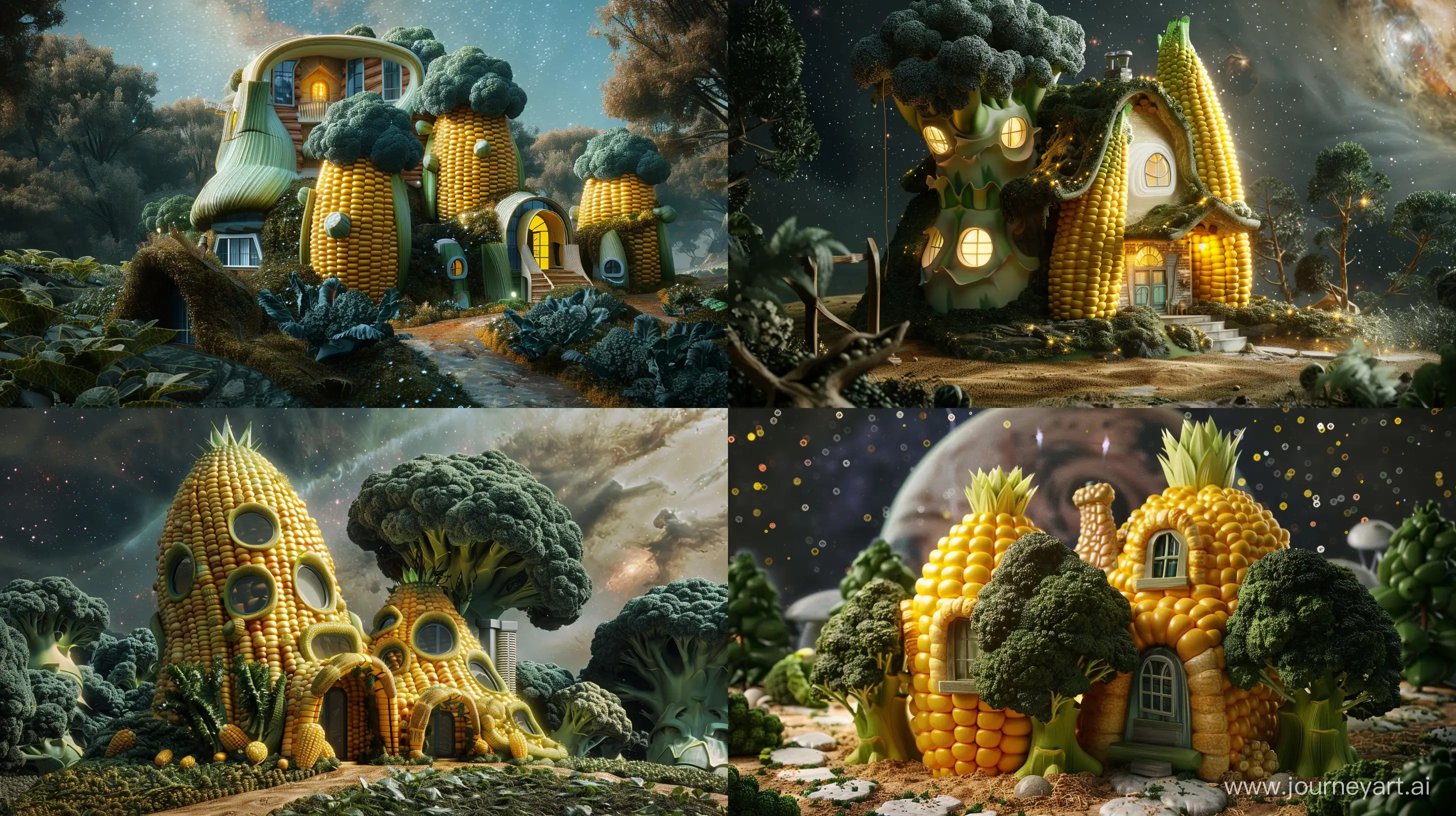 luxury house in the shape of corn and broccoli, in the galaxy, fantasy style, realistic --ar 16:9