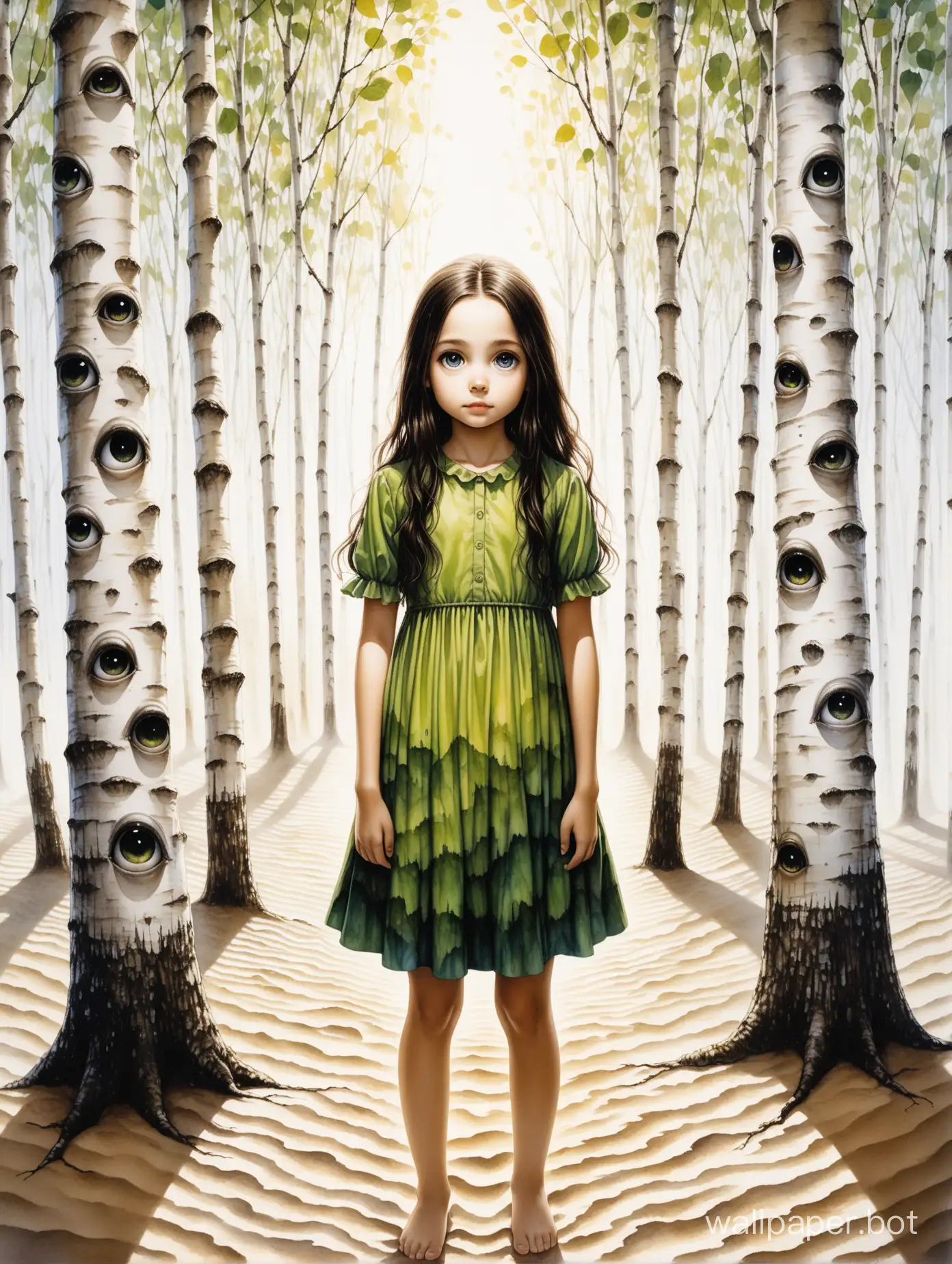 close ap, oil painting, watercolor ink, adorable 14 year old girl stands by a birch tree on a grunge sand, lime and creamy white background, triple exposure, perfect fingers, perfect body, expressive hyper-detailed eyes, flawless composition, Isao Andrews, Tim Burton, Leonardo da Vinci , dynamic light and shadow, hyperrealistic