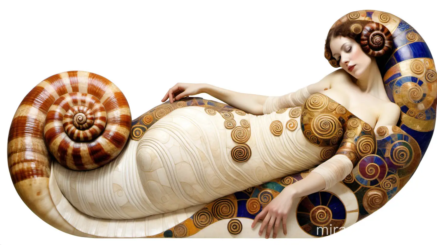 Klimt Style Reclining Woman Emerging from Snail on Upper White Background