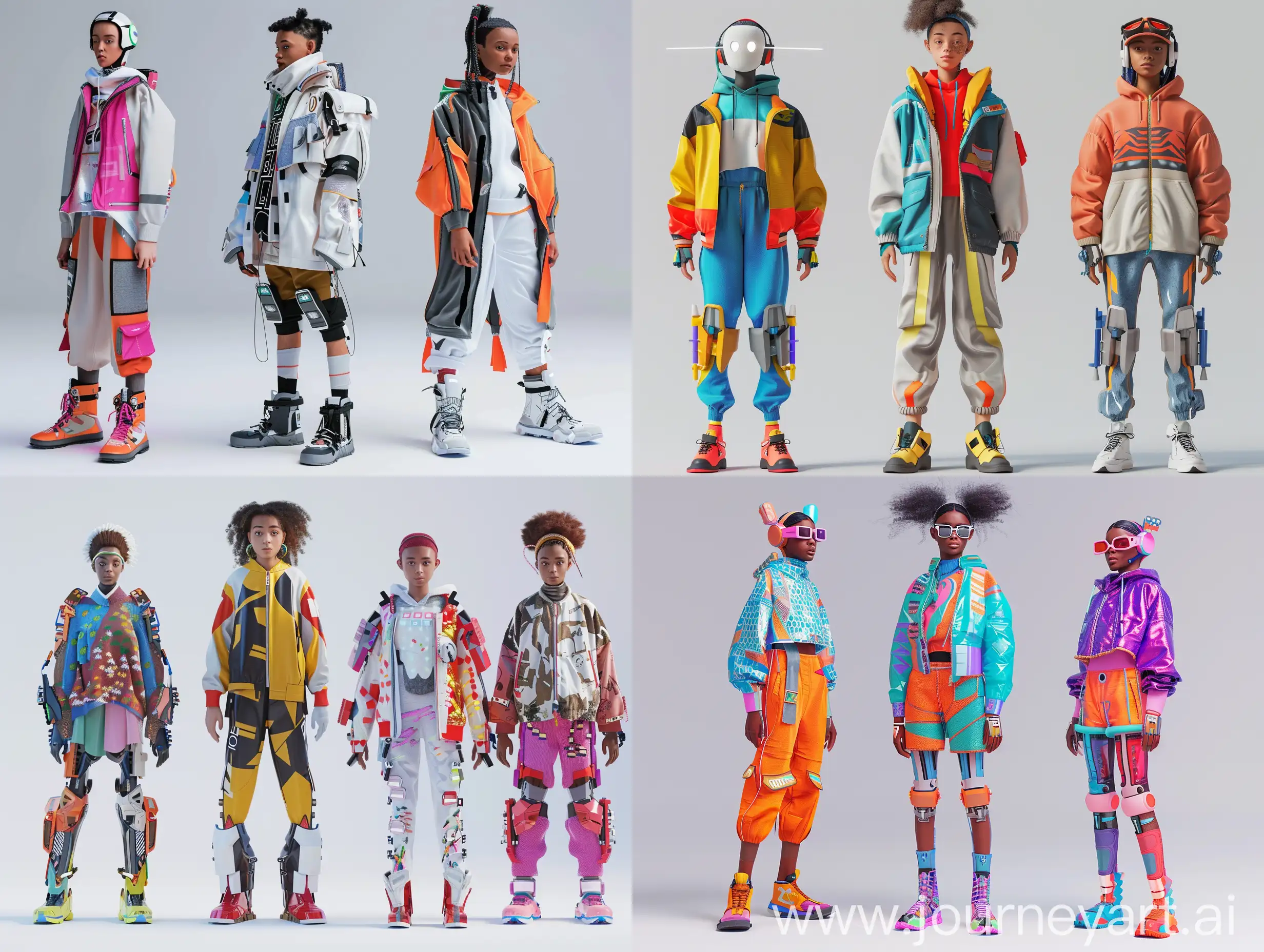 Depict how the generation z youth are Transformers, generate a 3d image of a generation z fashionistas wearing ai designed clothes