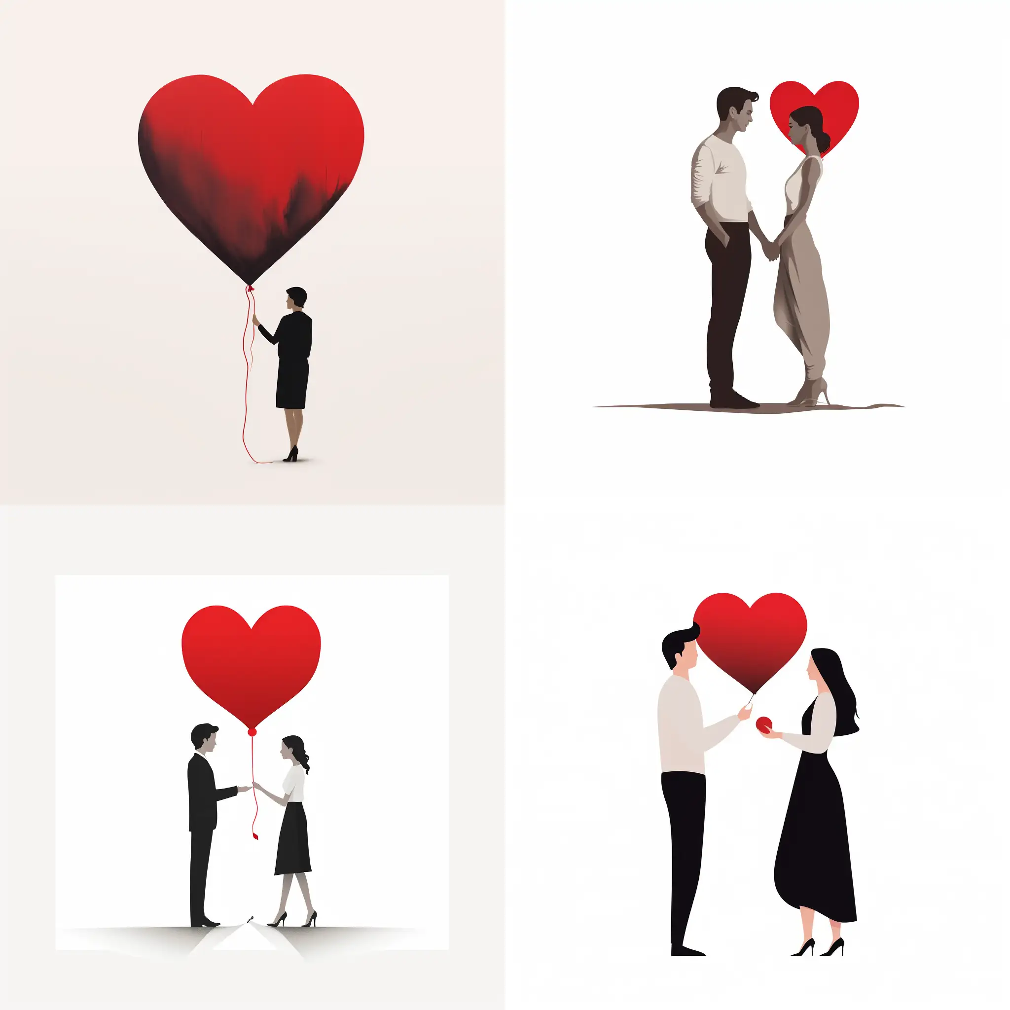 minimalist of two lovers holding a red heart on a white background,