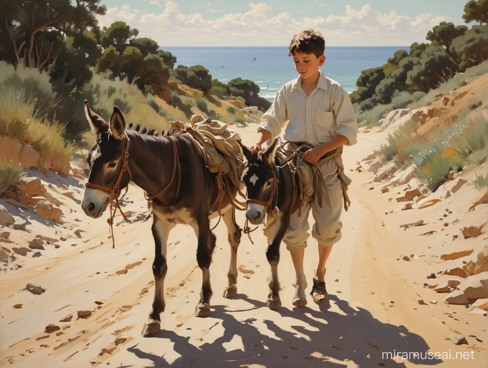 картина в стиле Хоакин Соролья ,поле   мальчик ведёт ослика за узды.
