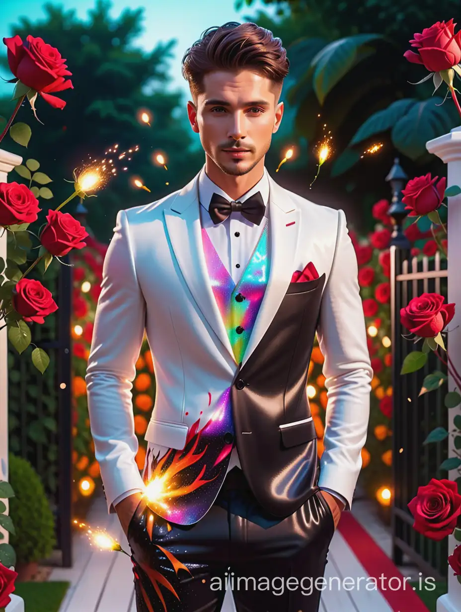 Create a hyper-realistic, 4K HRD a beautiful image of handsome man wearing White and black, stylish hair brown coloured adorned.colorful hologram lights, and fire elements splashing onto the dress, set against DSLR camera in hand,at red rose garden white fence around the garden, digital illustration.hd