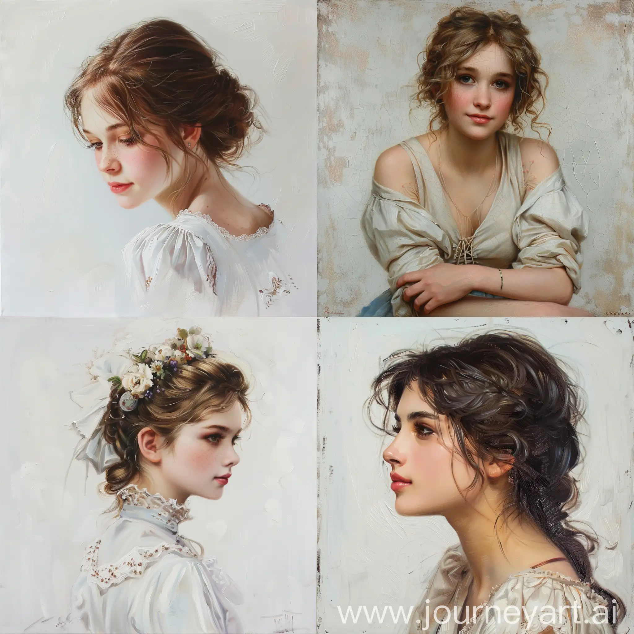 white background, girl, romantic era, painting