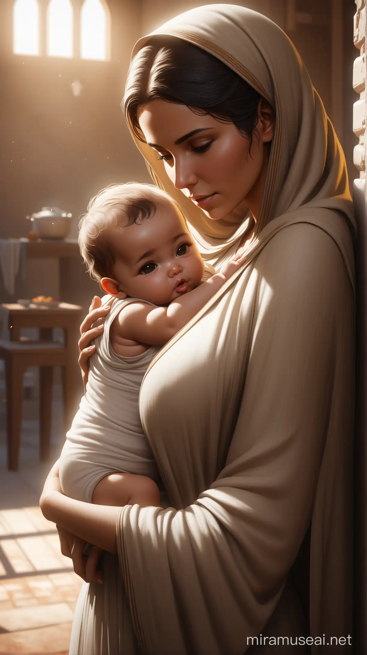 a beautiful painting of an algerian mother cradling her baby, in the style of modern gathering, hd, ultra detailed. trending on artstation, concept art, octane render, unreal engine