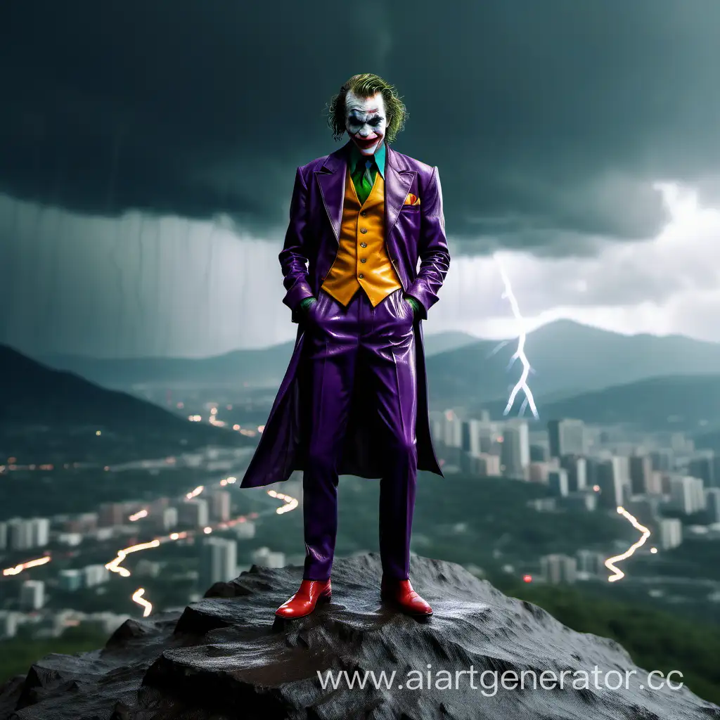 Joker is standing on a mountain. the weather is raining, lightning, clear camera, realistic reality