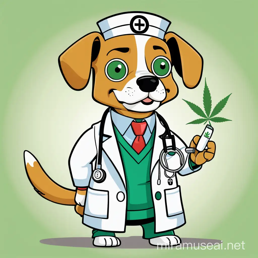 Cartoon Weed Dog Dressed as a Doctor Playful Cannabis Mascot in Medical Attire