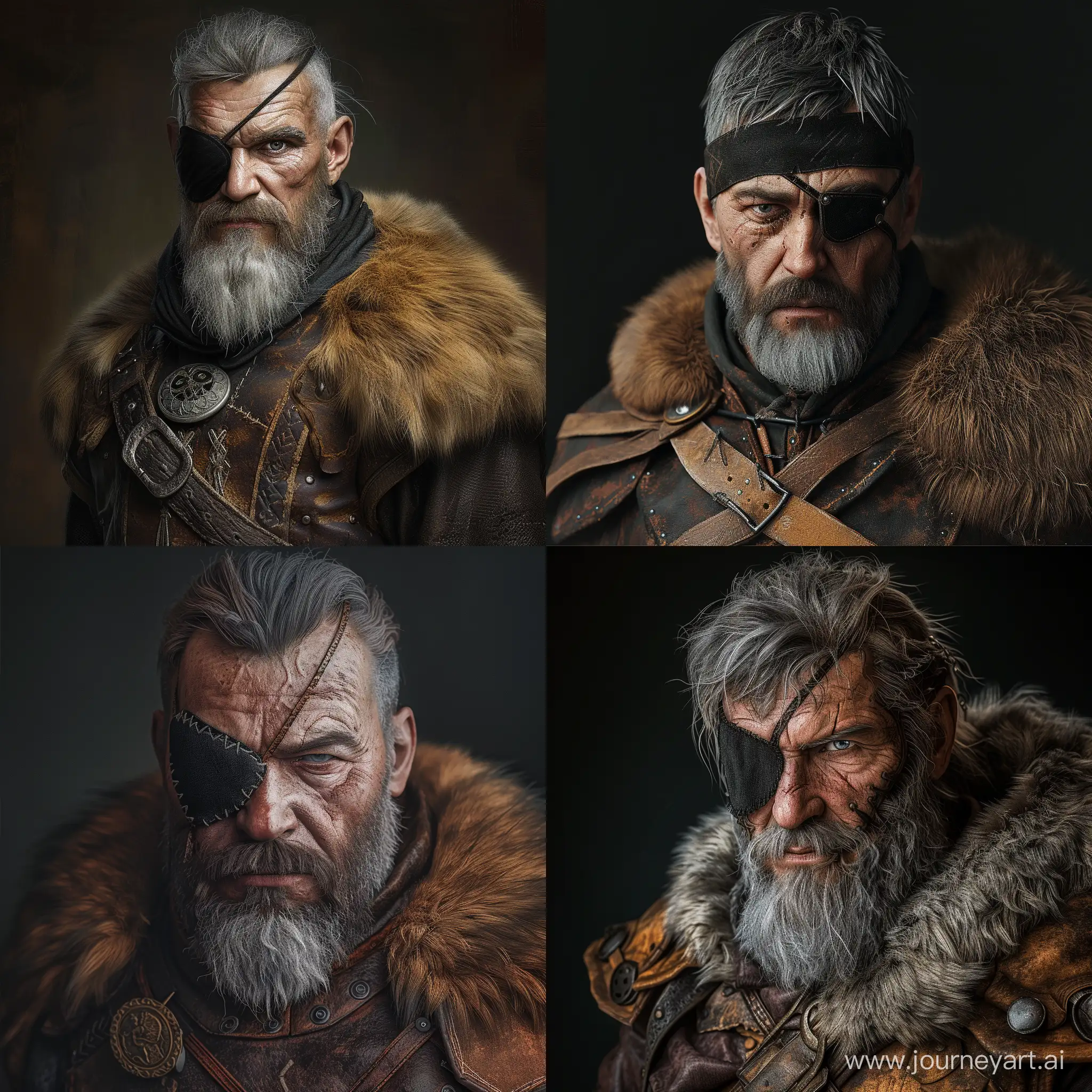 Czech Warlord Jan Zizka, Grizzled Beard, Thinning Gray Hair, his one eye is hidden with a black cloth eyepatch, wearing a leather tunic with fur collar and fur hat, cinematic shots, realistic, 4k, photo realistic, cinematic lighting, oil painting, brush strikes
