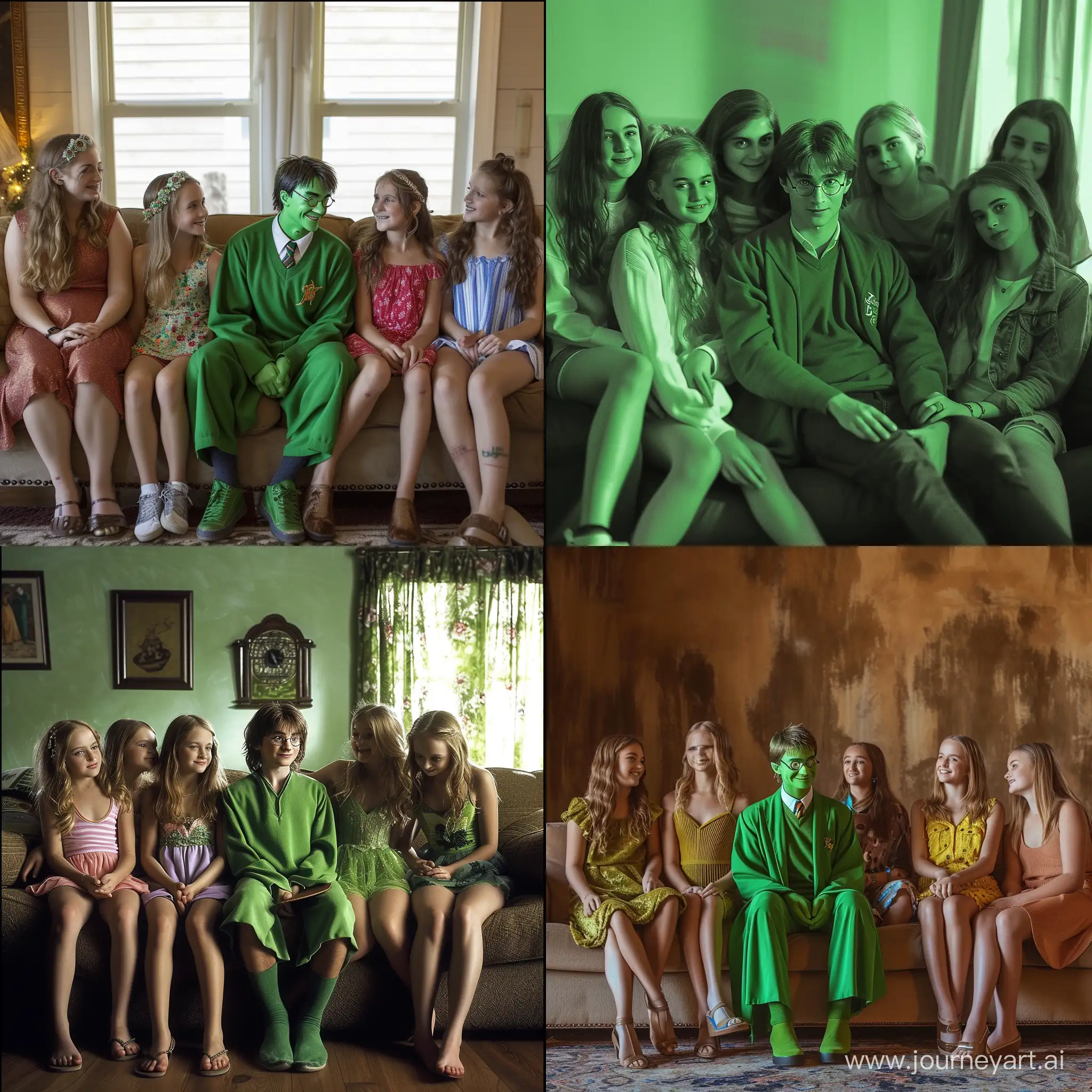 зеленый Гарри Поттер, сидит на диване, рядом пять девушек