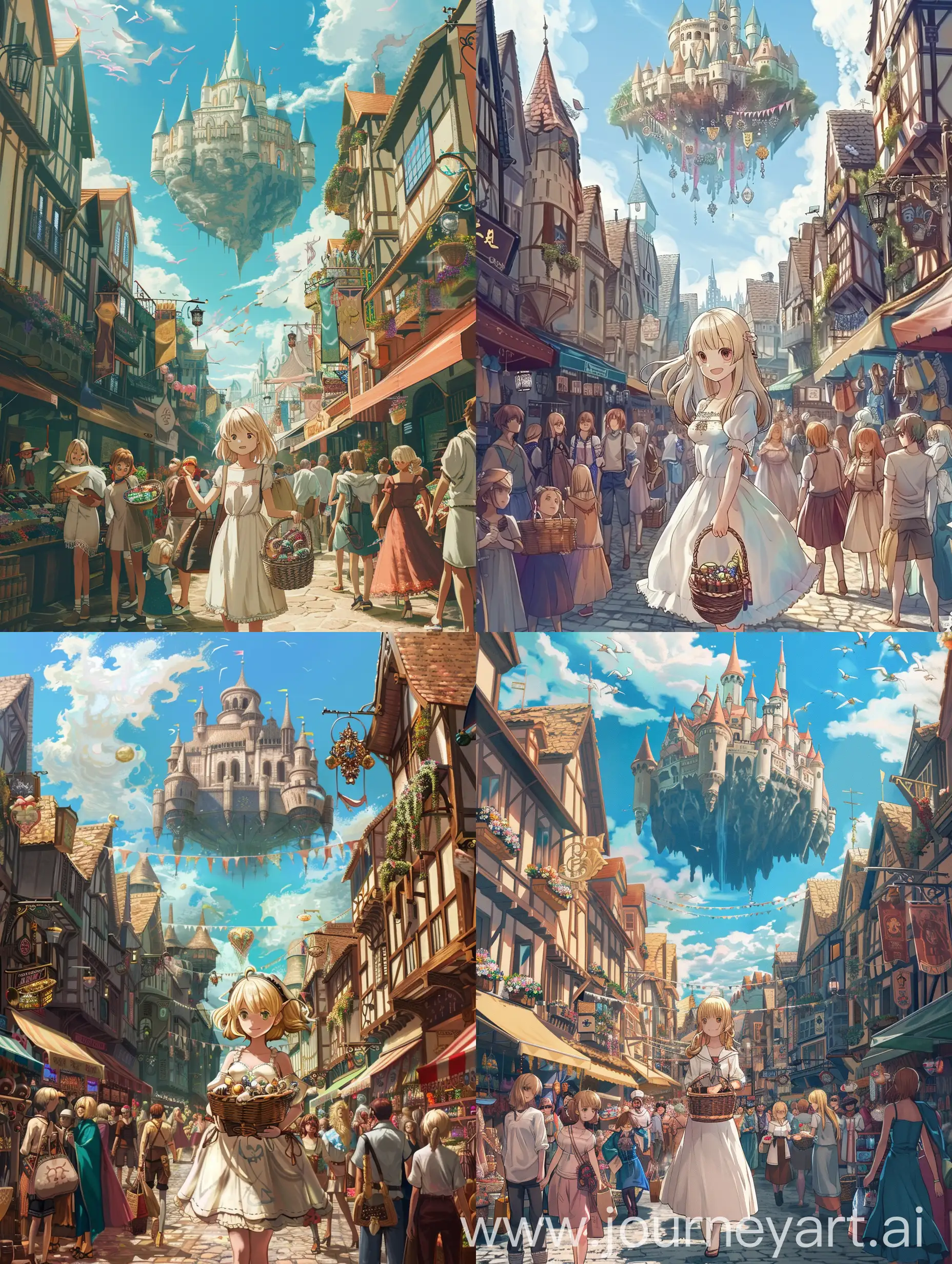 Medieval-Fantasy-Anime-Town-Festival-with-Magical-Castle-and-Blonde-Girl-Shopping