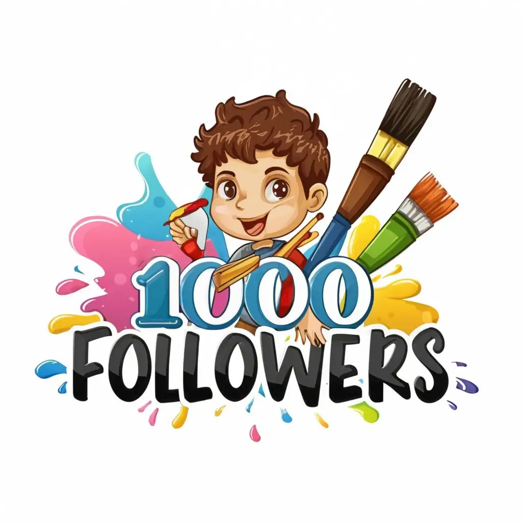 logo, Boy with painting brush , with the text "1000 followers", typography