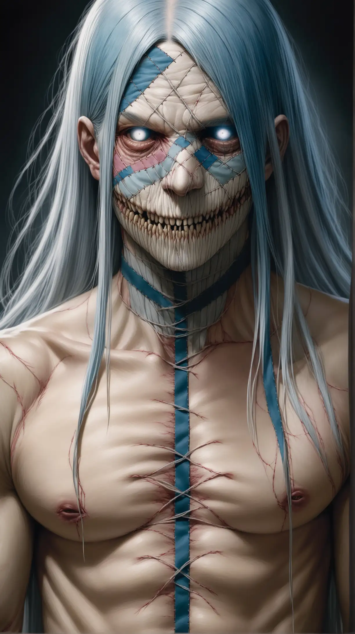 human-looking cursed spirit with a patchwork face and gray eyes, long grayish-blue hair that reaches past his neck and is sectioned off into three large strands with ties at the ends, Along with his face, Mahito has stitches all across his body that give him the appearance that he was sewn together, photo-realistic, hyper-realistic