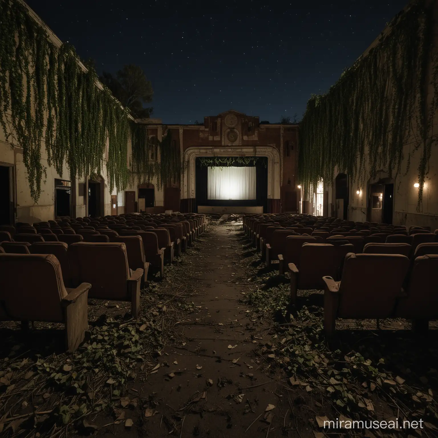 Small town, cinema theater, 1990 era, abandonned, dim light, vines crawling up