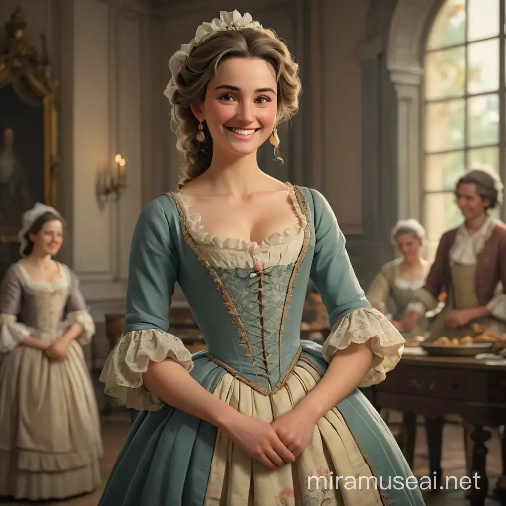 A beautiful 18th century French woman. She smiles slyly, looks haughtily at her servants, and has very expressive facial features. She is dressed in an 18th century dress. We see her full-length, with arms and legs. In the style of 3d animation, realism.