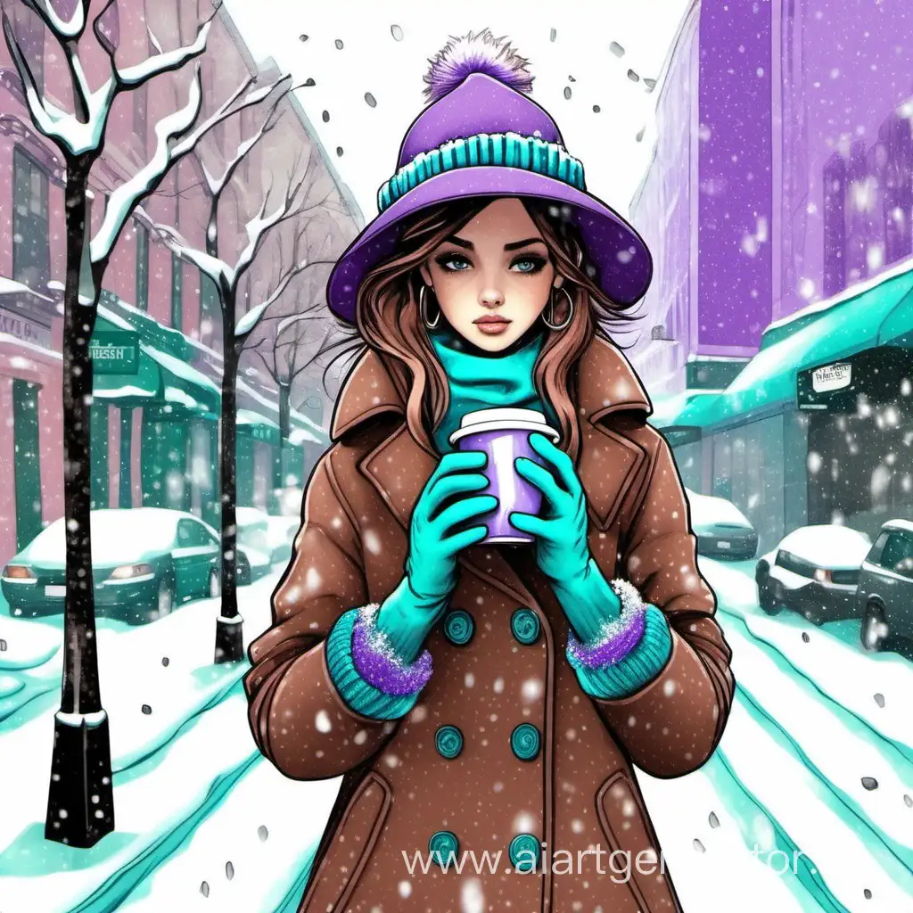 girl, city, 1 cup of coffee, bag, hat, coat, turquoise, lilac, brown, snow falling, gloves, earrings, girl's hands with 5 fingers each