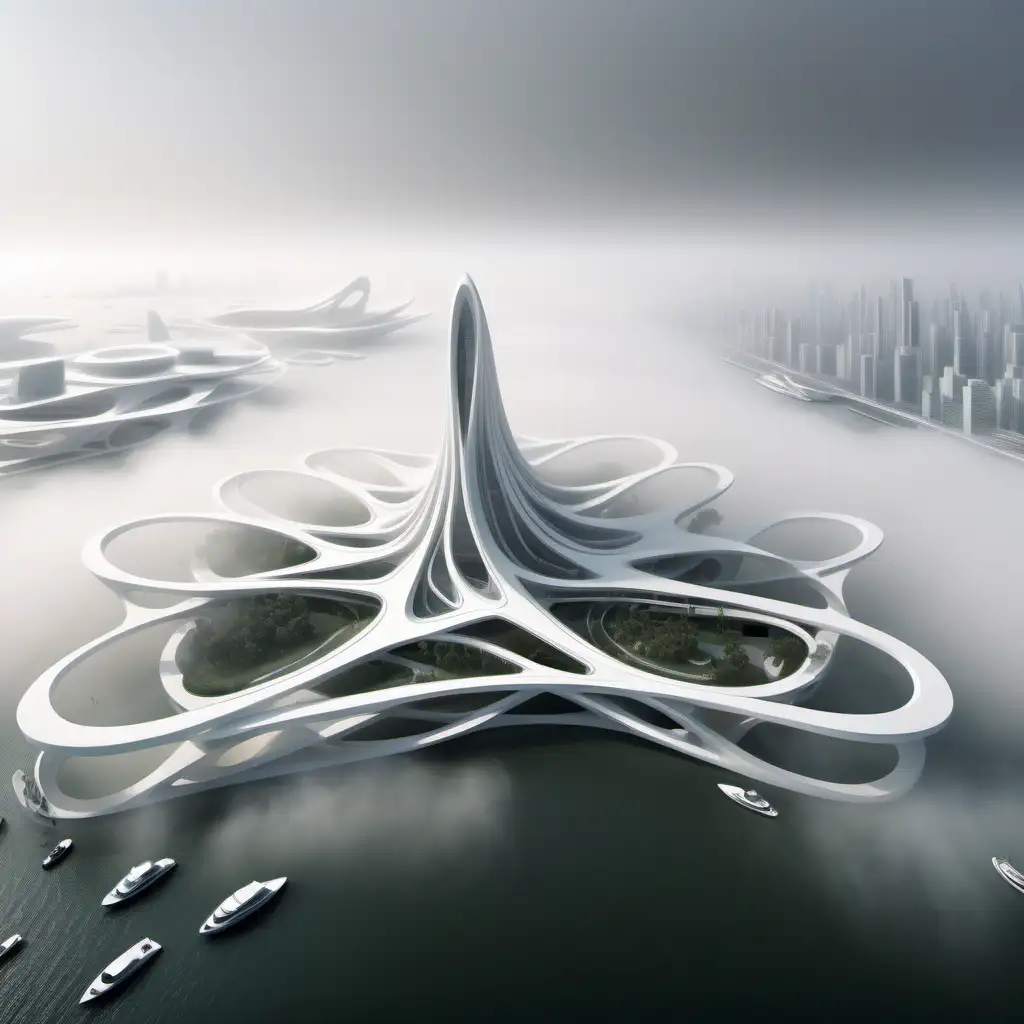 one story Criss cross white zaha hadid buildings 
different heights
an island see fog context
—ar 16:9
