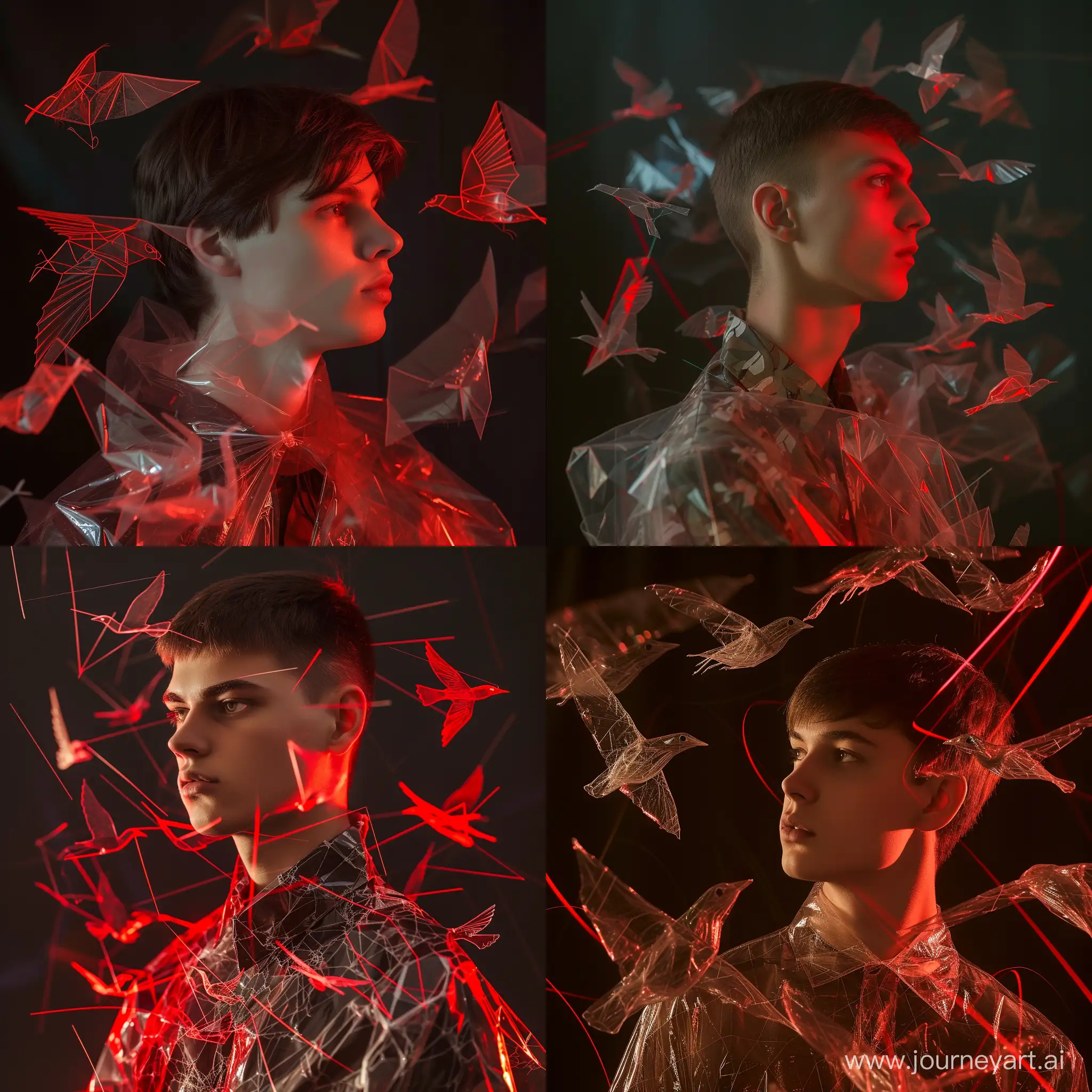 19 y.o man, dark brown hair, short haircut, Slavic type, dressed in cellophane, geometric shapes on a dark background, birds made of cellophane, red contour light, dynamics of angle and movement, fashion photo, visualization, interpretation