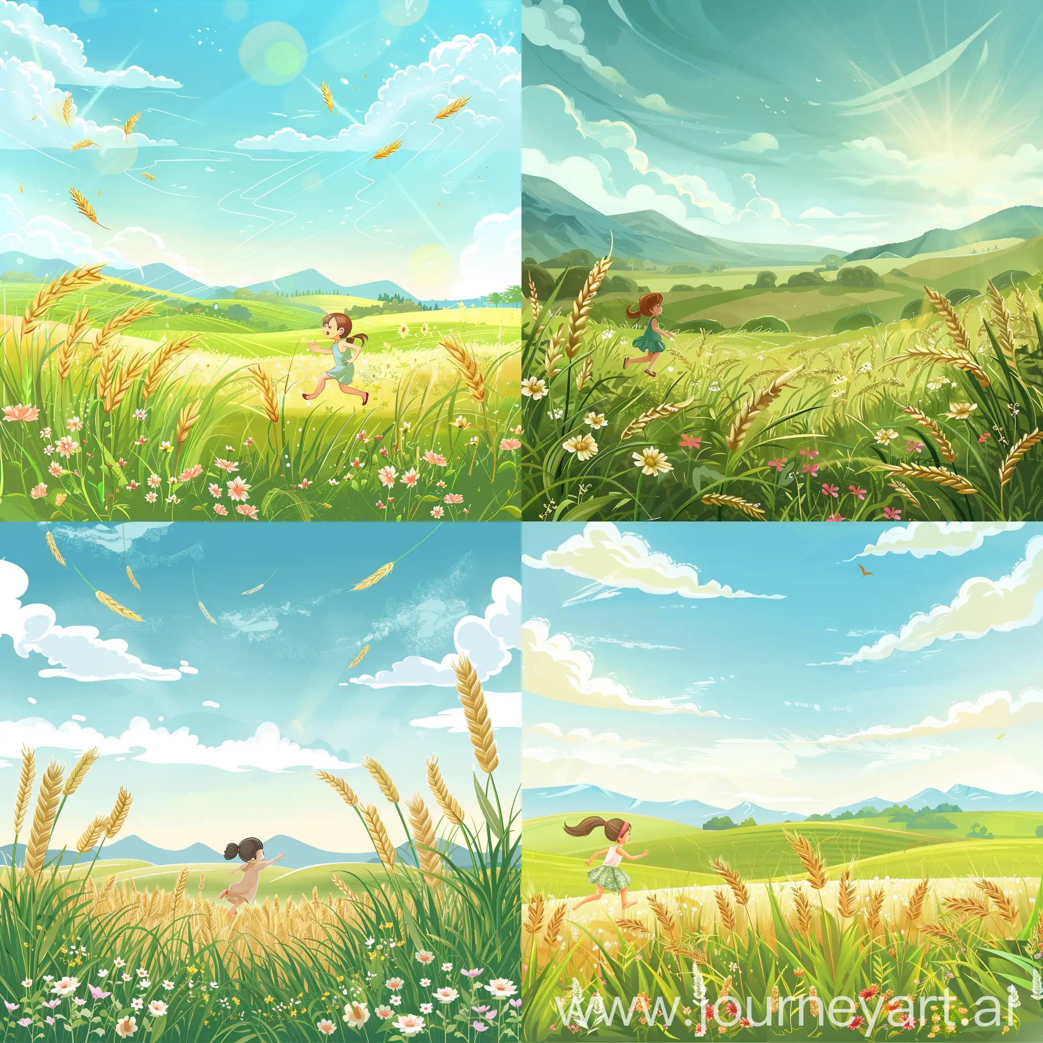 卡通风格的  明媚的天空 绿色的  宽阔的麦田   饱满的麦穗   远山那边 满山的花草  还有悠闲的 看不太清楚的 奔跑的小女孩