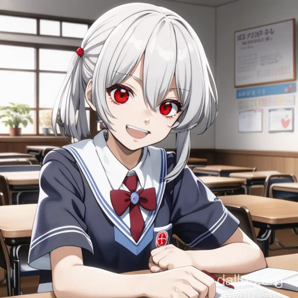 A red-eyed girl in a school uniform sits at a table and grins, 2d anime