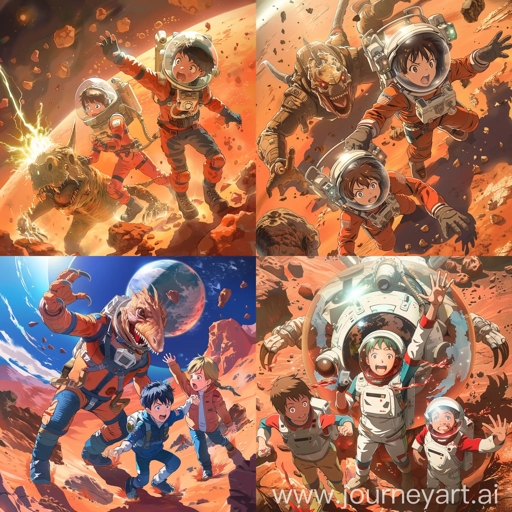 two boys and a girl, 13 years age, in mars planet, in space exploration suite, a strange creature attacking, children defending action, anime style