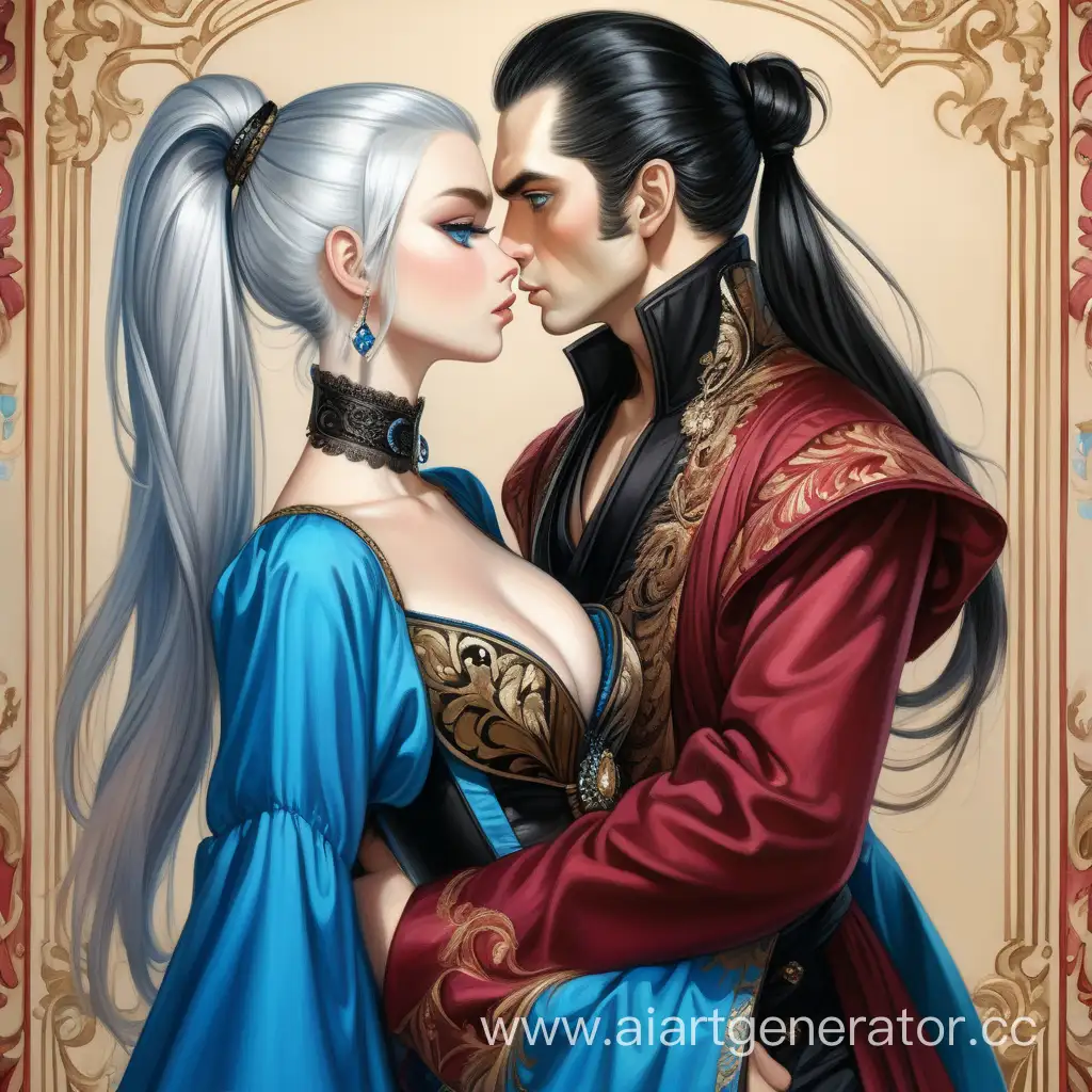 aristocrat with black hair in a ponytail, with blue eyes, in a black corset, kissing an aristocrat with white and gold hair and blue eyes, in a crimson caftan, portrait