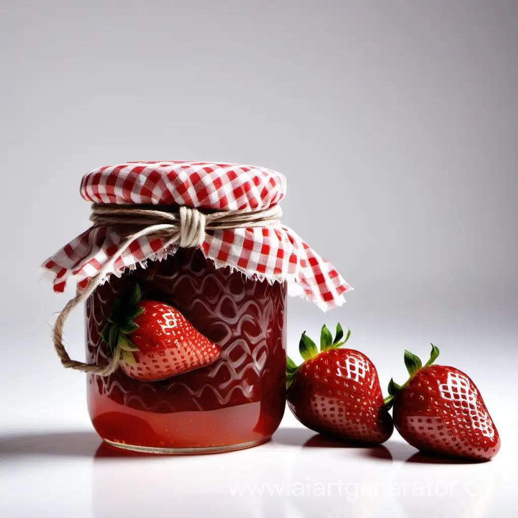 Vibrant-Strawberry-Jam-Jar-Wrapped-in-Fabric-on-White-Background