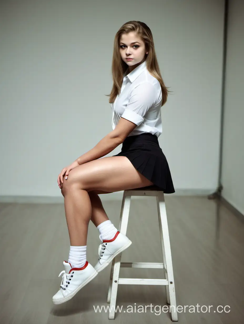 Юля Липницкая, в черной мини юбке, с большими мускулистыми бедрами, в белой рубашке, в кедах, сидит на табуретке в пустой комнате