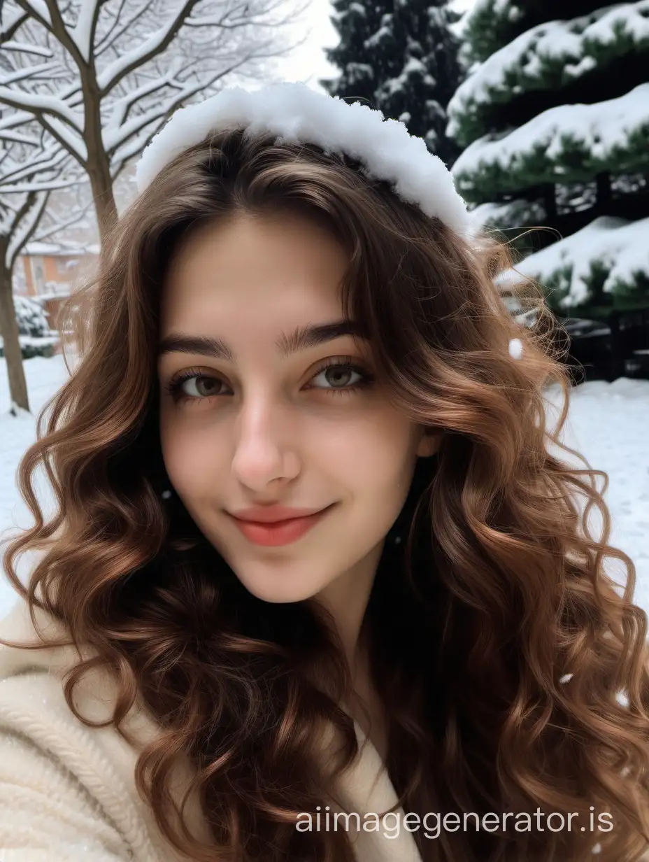 a photo of Michela, an Italian prosperous girl, just came back home from college with brown wavy hair, taking a self hot picture, relaxing in the garden with snow around