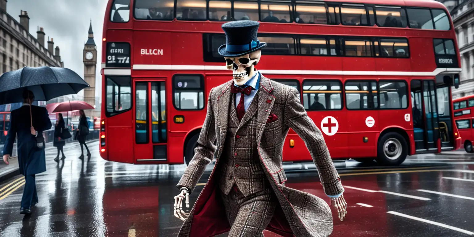 photorealistic full body photograph of an elegant skeleton, wearing brown tweed suit, blue waistcoat with red windowpane check pattern, black top hat with a red band, walking on London bridge, rainy day, red London bus passing by, the image creates an air of mystery, High resolution, High contrast, Extremely intricate details, UHD, red cross