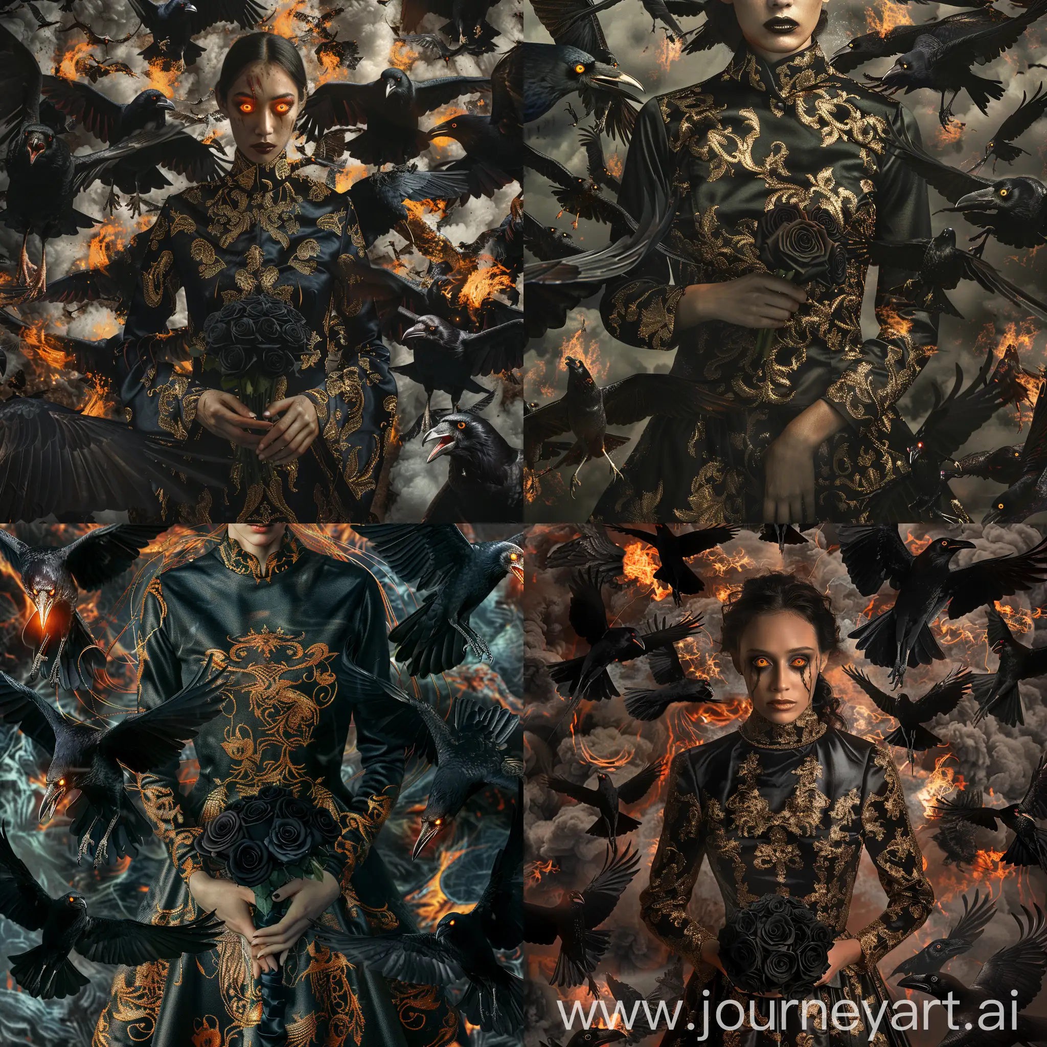 An incredibly detailed photo of an woman with black silk dress with intricate golden patterns, hands holding a bouquet of black roses, surrounded by scary flying crows from hell with fiery eyes with trailing effect. Cinematic lighting  –ar 4:5 –s 750 –niji 5 –v 5 –q2