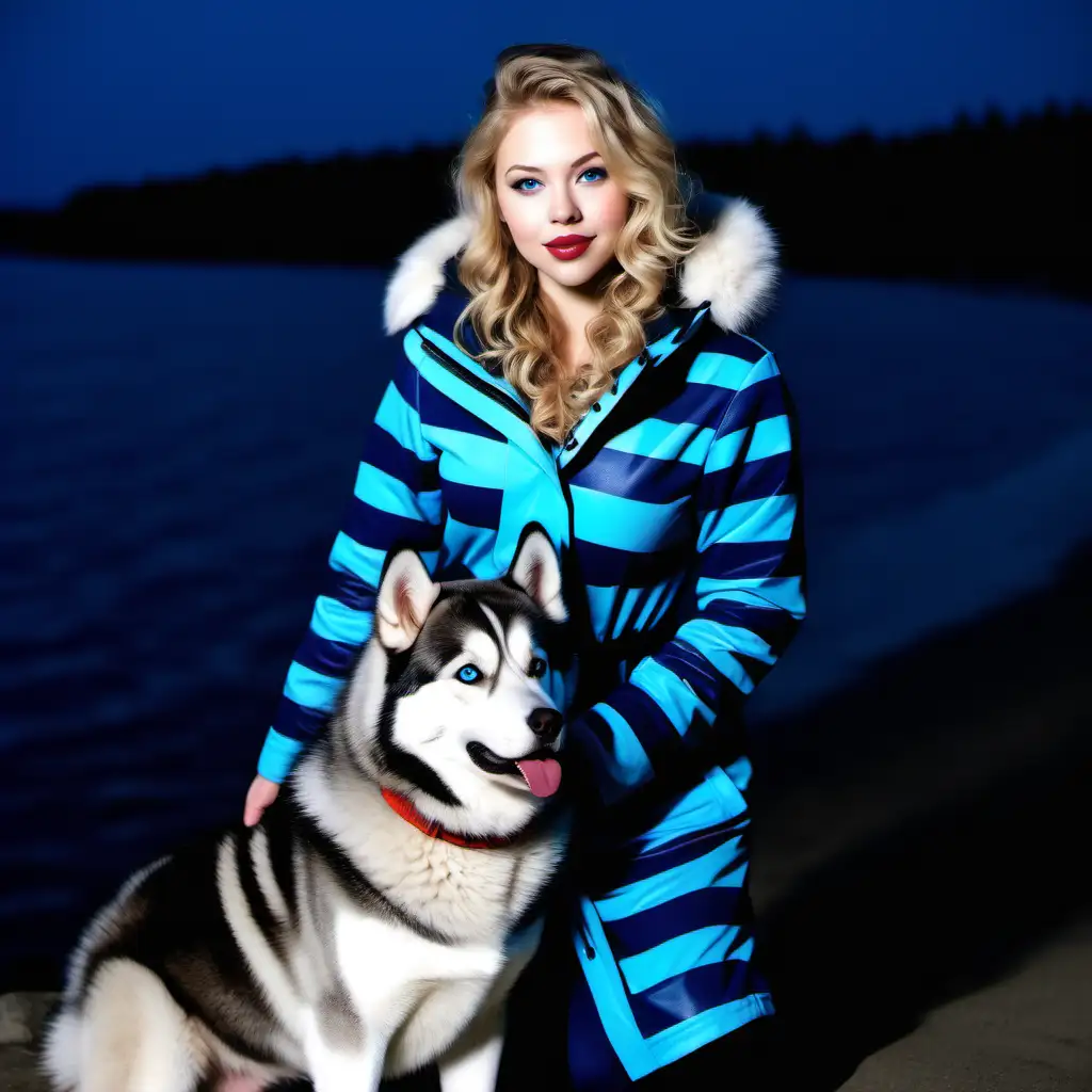 gorgeous young woman, long curly blonde hair, navy blue pacific blue skintight horizontal striped costume, navy blue pacific blue skintight horizontal striped parka overcoat, husky dog, malamute dog, Alaska, night