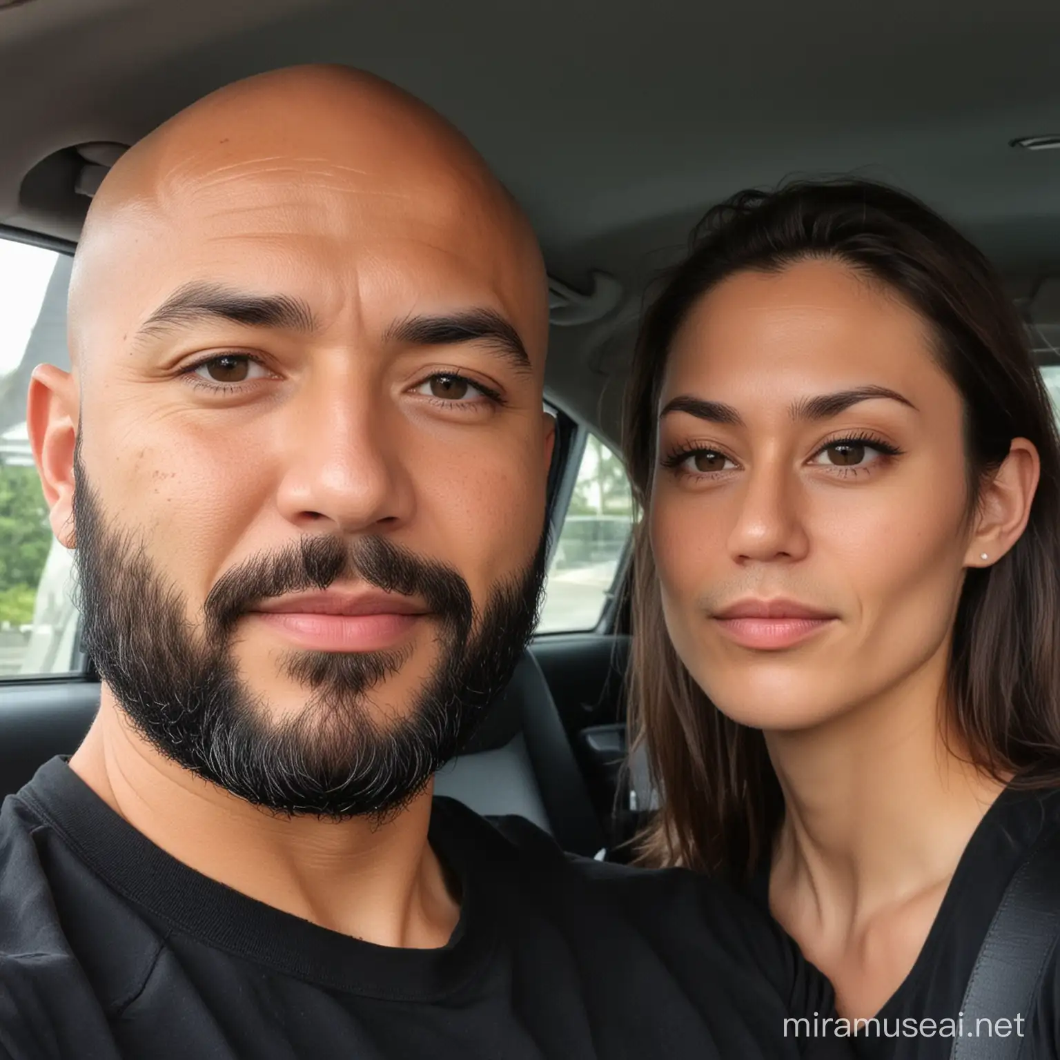 arafed a man with fully bald with a beautiful woman with a beard and a black shirt in a car, taken in the early 2020s, bald with short beard, david villegas, john jude palencar, 3 6 years old, 38 years old, 3 2 years old, looking away from camera, headshot profile picture, asian male, brian pulido 