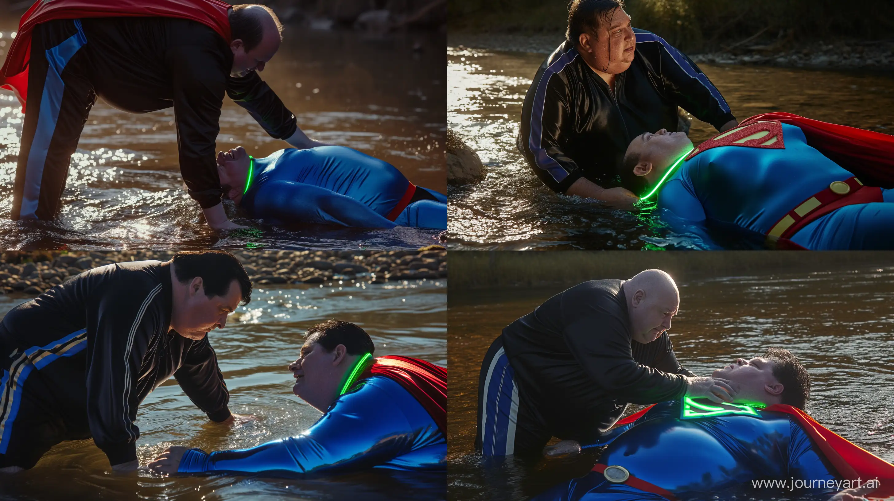 Close-up action scene photo of fat man aged 60 wearing a silk black tracksuit with a royal blue stripe on the pants. He is looking down on a fat man aged 60 wearing a tight blue 1978 smooth superman costume with a red cape and a tight green glowing neon dog collar on the neck lying in the water. Natural Light. River. --style raw --ar 16:9