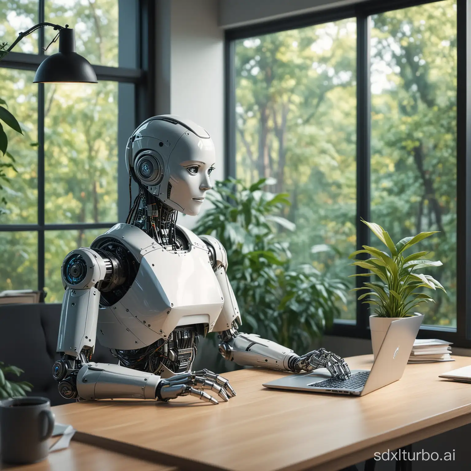 The female robot is staring intently at the monitor in front of it, which shows a code editor, alongside a laptop and some files. These details imply that the robot may be working on programming or a related high-tech job. In addition, there is a cup of coffee and a potted plant on the desk, elements that add a touch of life to the scene and make the robot's image seem more humanized.

In the background, a large window brings plenty of light into the room, and the trees outside the window are faintly visible, adding a touch of nature to the whole scene. The layout of the whole office is simple and modern, full of futuristic feeling, but also reveals a cozy and peaceful atmosphere