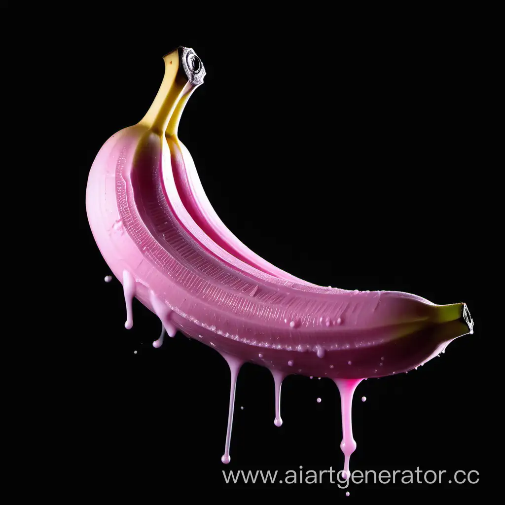 one pink banana doused with white thick liquid in a horizontal position on a completely black background