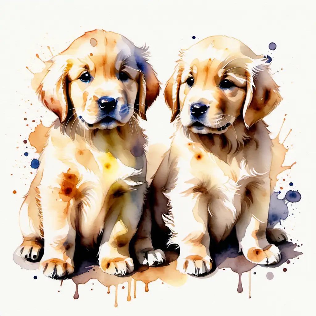 Adorable Watercolor Golden Retriever Puppies Painting