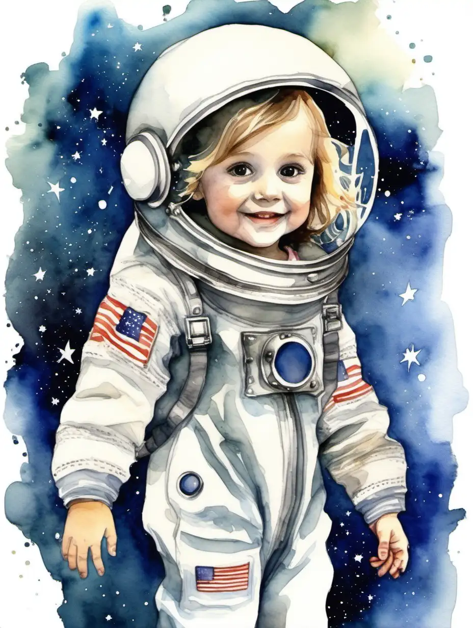 Adorable little girl dressed like an astronaut holding helmet, watercolour