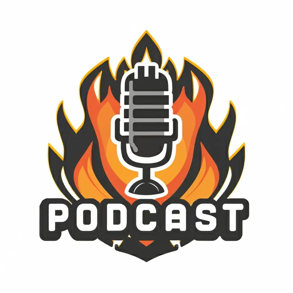 logo, mic, with the text "podcast logo around the fire", typography