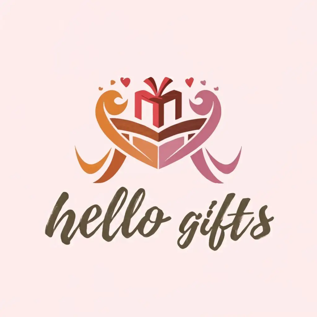 a logo design,with the text "HELLO GIFTS", main symbol:GIFT BOX , COUPLE , HEART,Moderate,clear background