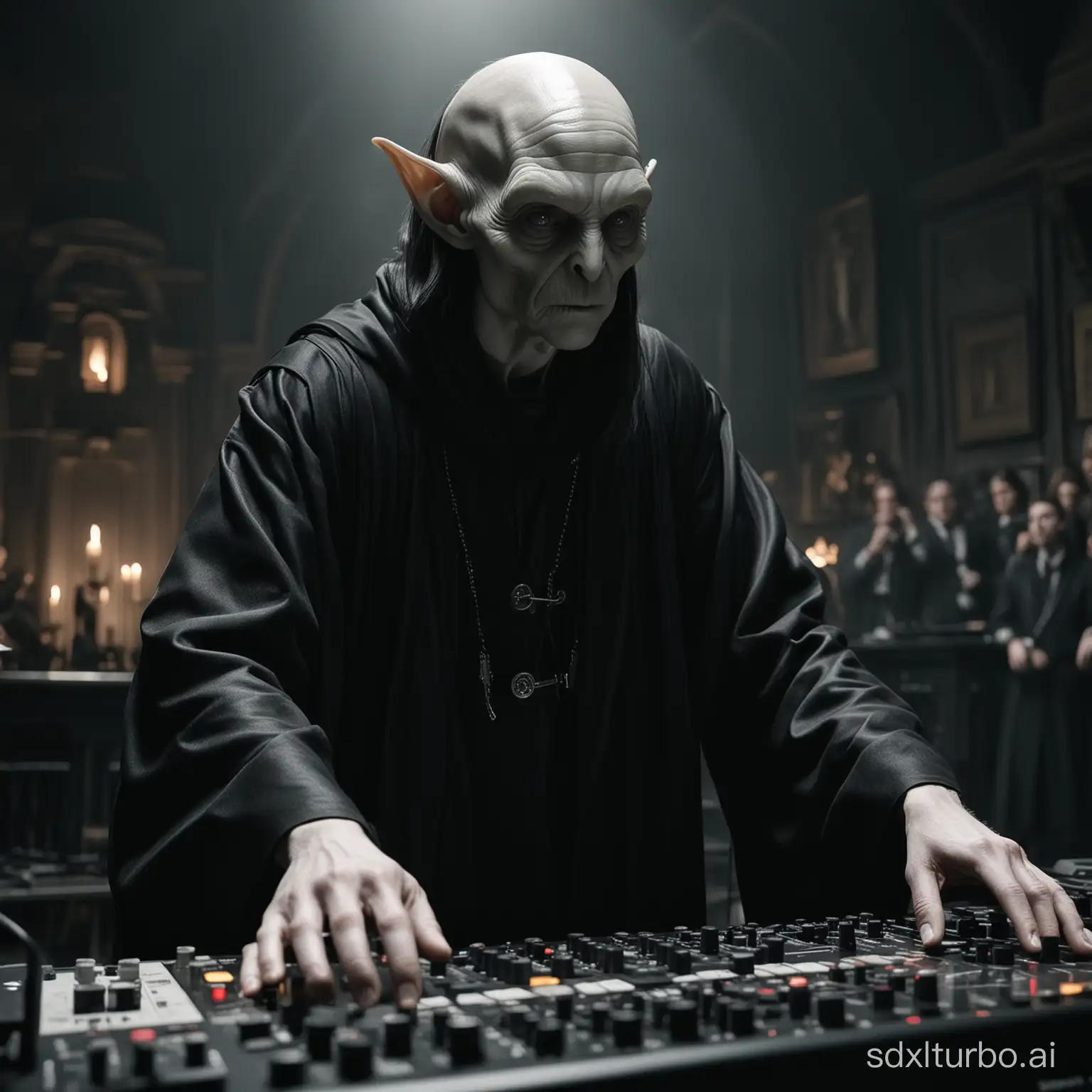 Pale white alien, playing electronic music on his Pioneer brand mixer dressed in a Slytherin house tunic, around him an electronic party at Hogwarts with many people, taking drugs, everyone dancing, ecstatic, Harry Potter movie, at a rave with Mr. Dumbledore, Ron Weasley, Mr. Snape, Voldemort, Harry Potter, all in a closed room with low lighting and a dark theme, cinematographic photography, dark techno style, all with Rick Owens' clothing and wearing black clothing, https://www.rickowens.eu/en/US, depth of field f/2.6, shutter speed 1/30, sharpness, ISO greater than 1000, photographed in black and white/desaturated, at night, long shot, chopped shot, photo taken from the front, perfect composition, 8k, sharpness, intricate and incredibly detailed, which is a trend in the creation of art, hyper-realistic photography, cinematographic, art, Harry Potter, 8k, perfect,