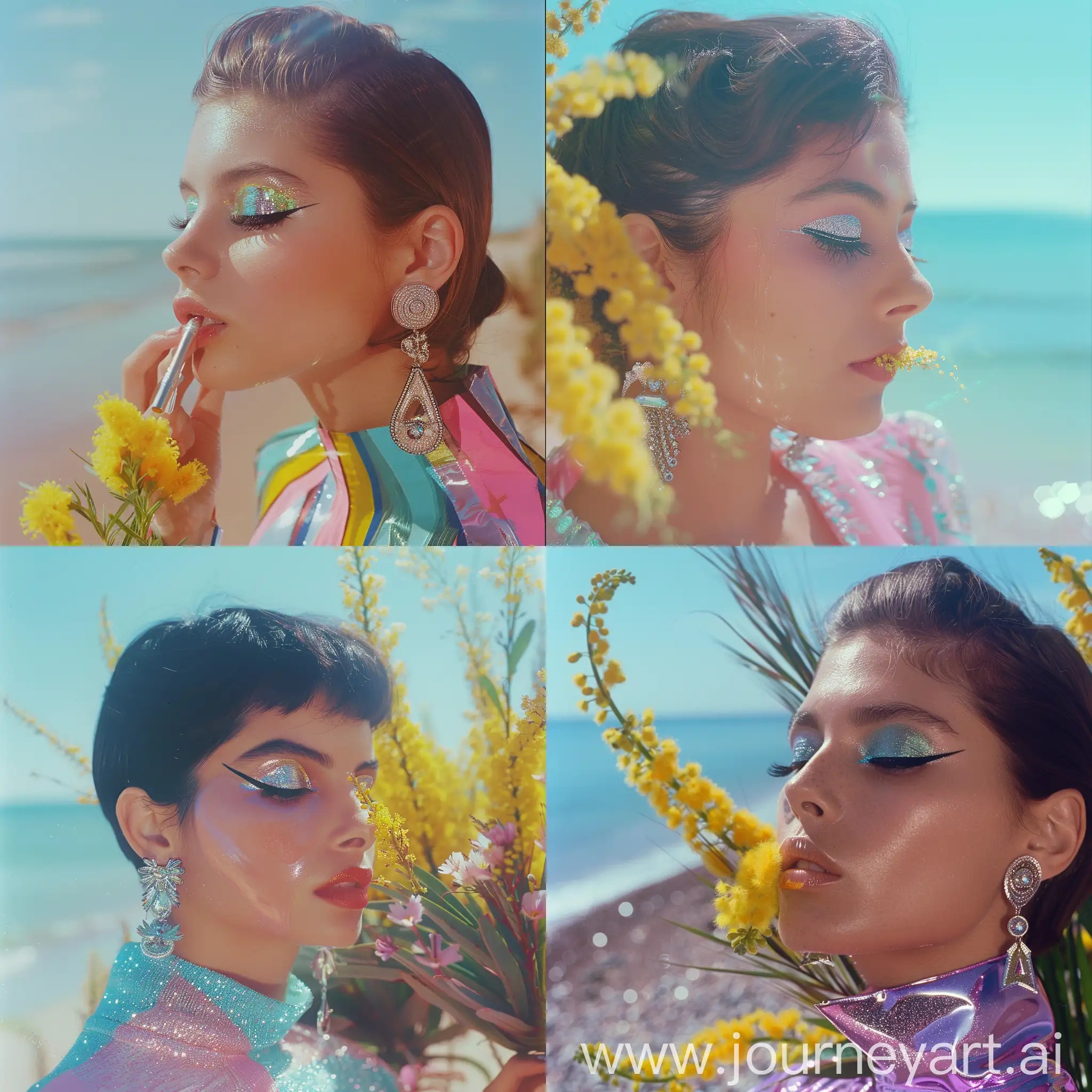 Seventies-Aesthetic-Retro-Model-with-Eyeliner-and-Big-Earrings-on-Beach